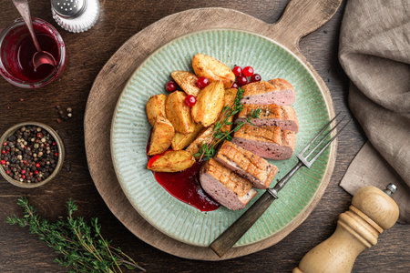 Roasted duck breast with potatoes and berry sauce on wooden background, flat layの写真素材