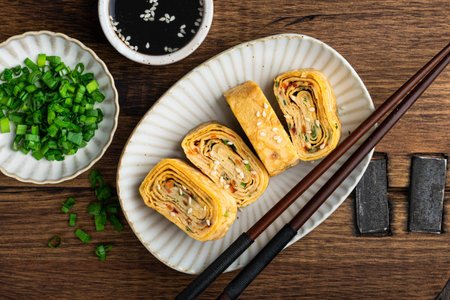 Tamagoyaki, Japanese rolled omelette, on a ceramic plate, flat layの写真素材