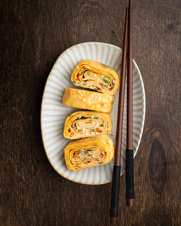 Tamagoyaki, Japanese rolled omelette, on a ceramic plate, top viewの写真素材