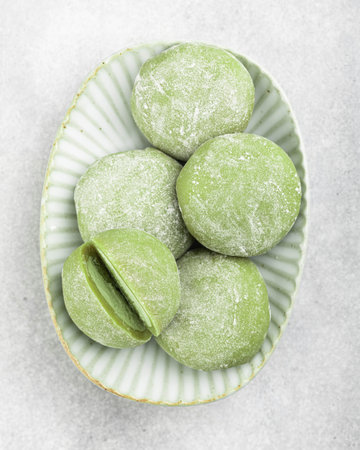 Traditional Japanese dessert mochi matcha, top viewの写真素材