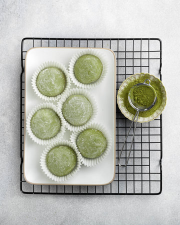 Mochi matcha, Japanese dessert , top viewの写真素材