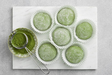 Mochi matcha, Japanese dessert , top viewの写真素材