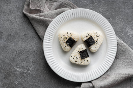 Onigiri, traditional japanese food, top viewの写真素材