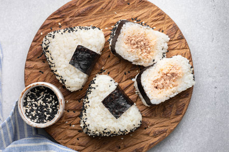 Japanese Tuna Mayo Onigiri, traditional japanese snack, top viewの写真素材