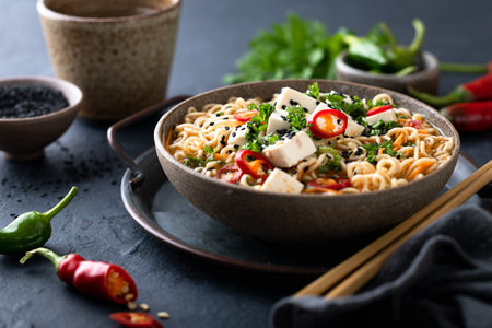 Asian noodle soup, ramen with tofu and vegetables in ceramic bowl on dark background, selective...