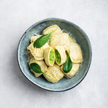 Ravioli with ricotta and spinach, italian cuisine, top viewの写真素材