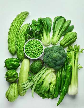 Set of green vegetables, flat lay, top view. Modern still life. Pak choy, broccoli, bitter melon, celery, avocado. Healthy eating conceptの写真素材