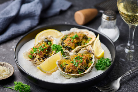 Oysters rockefeller with lemon and a glass of white wine on a black background, selective focusの写真素材