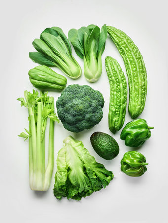 Fresh green vegetables on a light gray background, top viewの写真素材