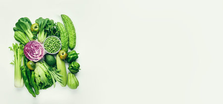 A set of vegetables, top view, copy space. Pak choy, green peas, cabbage, broccoli, bitter melon, celery, avocado and various vegetables. Healthy eating conceptの写真素材