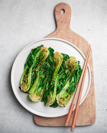 Grilled Pak Choi or Bok Choy on a gray background, top viewの写真素材