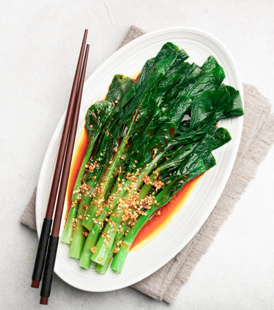 Stir-frying Chinese Broccoli or Gai Lan (Kai Lan) or Chinese Kale, top viewの写真素材
