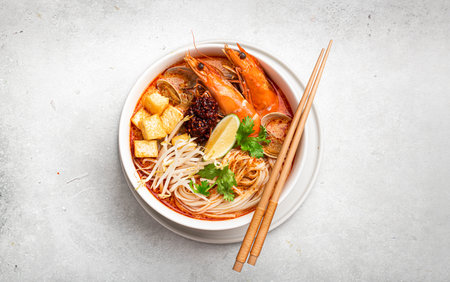 Laksa, Malaysian noodle soup with shrimp, tofu and sprouts, top viewの写真素材