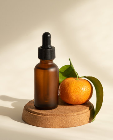 Vitamin C serum in dark matte glass bottle, selective focus, copy space. Shadows and sunlightの写真素材