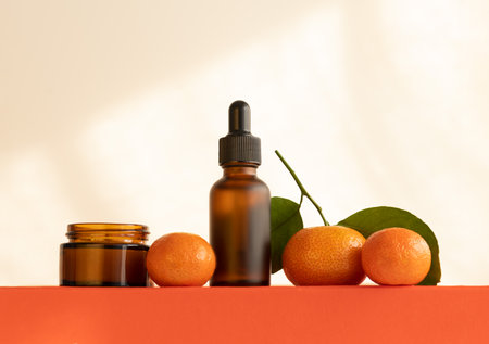 Vitamin C serum in dark matte glass bottle on orange podium, selective focus, copy space. Shadows and sunlightの写真素材