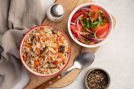 Pilaf, eastern dish of rice, meat, carrots with spices, top viewの写真素材
