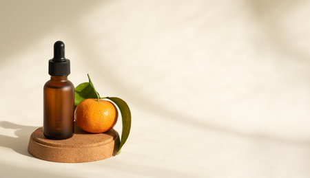 Vitamin C serum in a transparent brown glass bottle, selective focusの写真素材