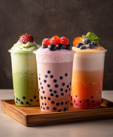 Three flavors of bubble tea with tapioca pearls and fresh fruit, selective focusの素材
