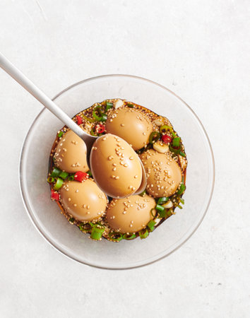 Korean Marinated Eggs in soy sauce (Mayak Eggs), top viewの写真素材