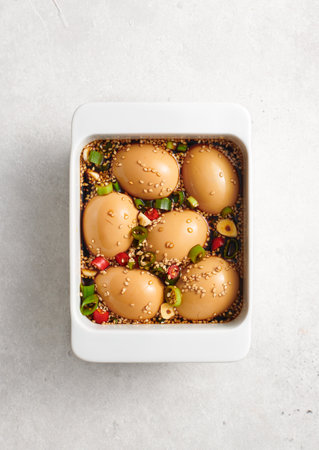 Korean Marinated Eggs in soy sauce (Mayak Eggs), top viewの写真素材