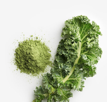 Kale Powder and leaves on a white background, top viewの写真素材