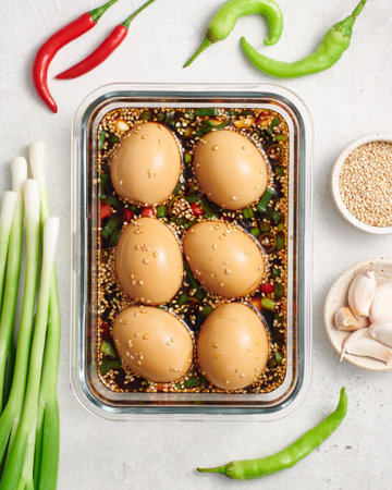 Mayak Eggs, Korean Marinated Eggs in soy sauce, top viewの写真素材