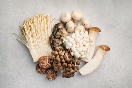 A visually appealing arrangement of various asian mushrooms, ideal for cooking and using in kitchen recipes, flat layの写真素材