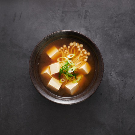 Japanese Miso Soup with Tofu and Enoki Mushrooms, top viewの写真素材