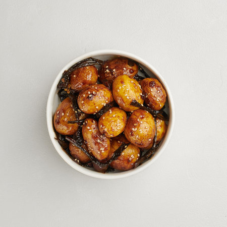 Korean braised baby potatoes with soy glaze, Gamja Jorim, top viewの写真素材