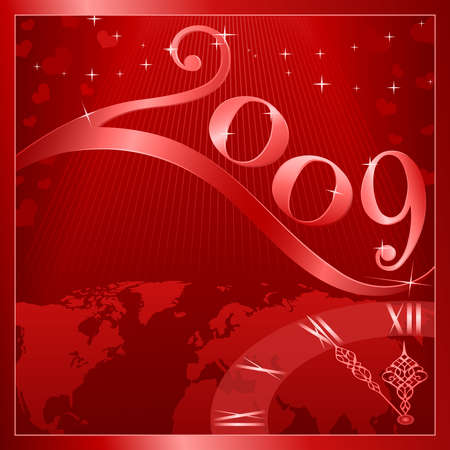Red 'Happy New Year 2009' card with a clock at 5 minutes to 12. Use of global colors, blends, linear gradients.のイラスト素材