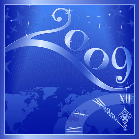 Blue 'Happy New Year 2009' card with a clock at 5 minutes to 12. Use of global colors, blends, linear gradients.のイラスト素材