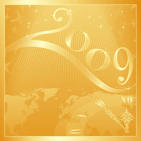 Golden 'Happy New Year 2009' card with a clock at 5 minutes to 12. Use of global colors, blends, linear gradients.のイラスト素材