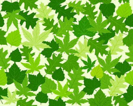 Seamless pattern with oak, maple, beech and chestnut leaves in various shades of green. 8 global colors.のイラスト素材