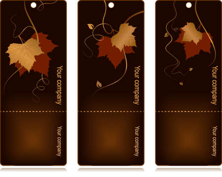 3 elegant tags with red golden autumn leaves and swirls on dark background. Use of blends, linear gradients, global colors.のイラスト素材