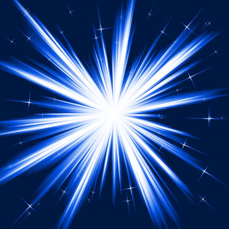Light, star burst; stylised fireworks from white to dark blue with little stars. Burst controlled by one linear gradient. Use of 8 global colors.のイラスト素材