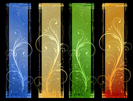 Grunge banners in 4 different color schemes. Floral design elements. Linear gradients, global colors. Artwork grouped and layered.のイラスト素材