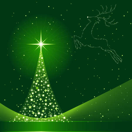Square green background for Christmas showing a Christmas tree made of stars and the silhouette of a reindeer in the sky. 6 Global colors, blends. Artwork grouped and layered.のイラスト素材