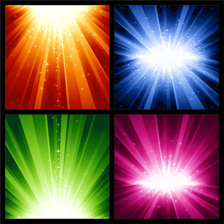 4 different light bursts with magic stars in 4   interchangeable color schemes of 7 global color swatches   each. Artwork grouped and layered. のイラスト素材