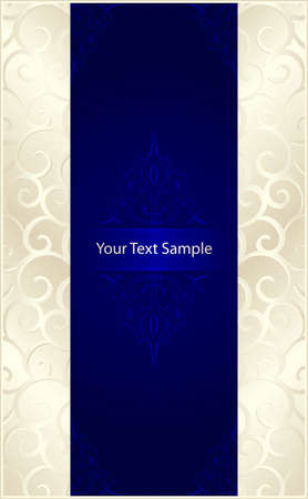 Vertical stylish template with silver beige scrolls left and right and a royal blue center with floral elements and space for our text. 7 global colors, gradients used. のイラスト素材