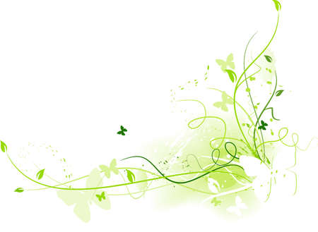 Abstract grunge background with floral elements and butterflies and space for your text in shades of green. Use of linear gradients.のイラスト素材