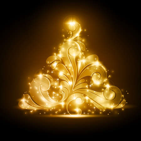 Golden Christmas tree made of swirls on a warm dark brown background. Light effects give it a blurry glow and add sparkles. A perfect element in any the Christmas season theme.のイラスト素材