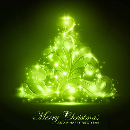Green Christmas tree made of swirls on a background. Light effects give it a blurry glow and add sparkles. A perfect element in any the Christmas season theme. EPS10のイラスト素材