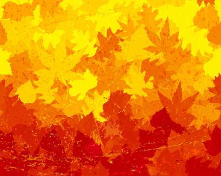 Maple, oak, chestnut and beech leaves in saturated yellows, oranges, and reds forming a colorful fall background. Grunge elements give it a distressed feeling. Space for your textのイラスト素材