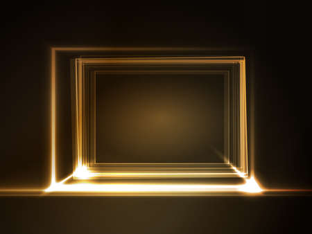 Overlying semitransparent rectangles with light effects form a golden glowing frame on dark brown background. Space for your messageのイラスト素材