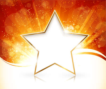 Red golden light burst with stars and defocused light dots in the background and gold rimmed white star with reflection for your text のイラスト素材
