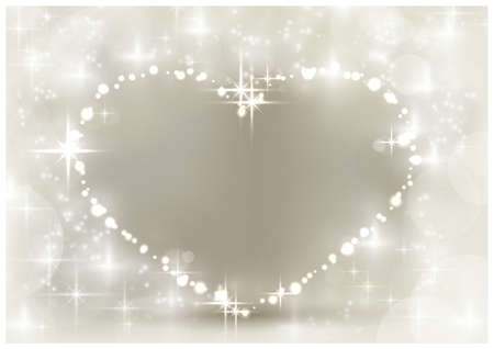 Heart shaped space for your text, surrounded by sparkling lights, stars and blurry light dots in shades of white and silver beige. A background with a festive feeling for loved ones.のイラスト素材