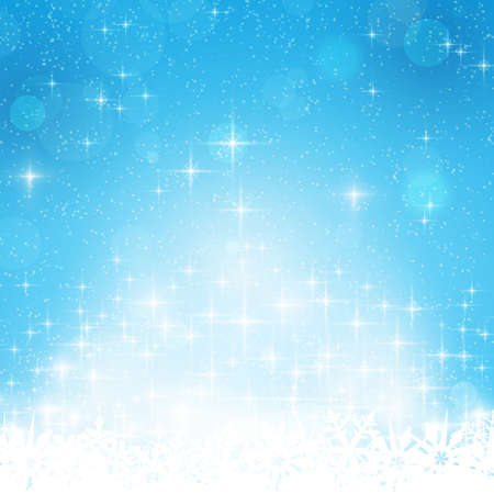 Abstract blue festive background with out of focus light dots, stars and snowflakes. Great for the festive season of Christmas or any winter theme.のイラスト素材