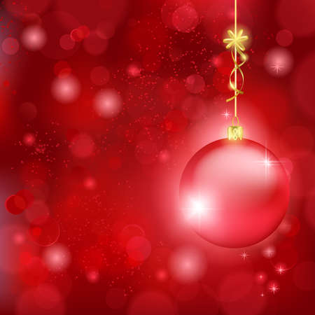 Blurry lights on dark red background and a red bauble hanging with a golden bow. Great backdrop for Christmas themes. Space for your text.のイラスト素材