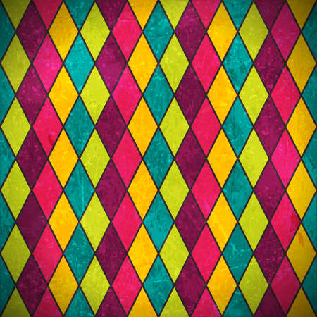 Geometric pattern made of rhombuses in various bright colors overlaid with grunge elements and...