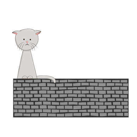 Cute sad kitten sitting alone on a brick wall.のイラスト素材